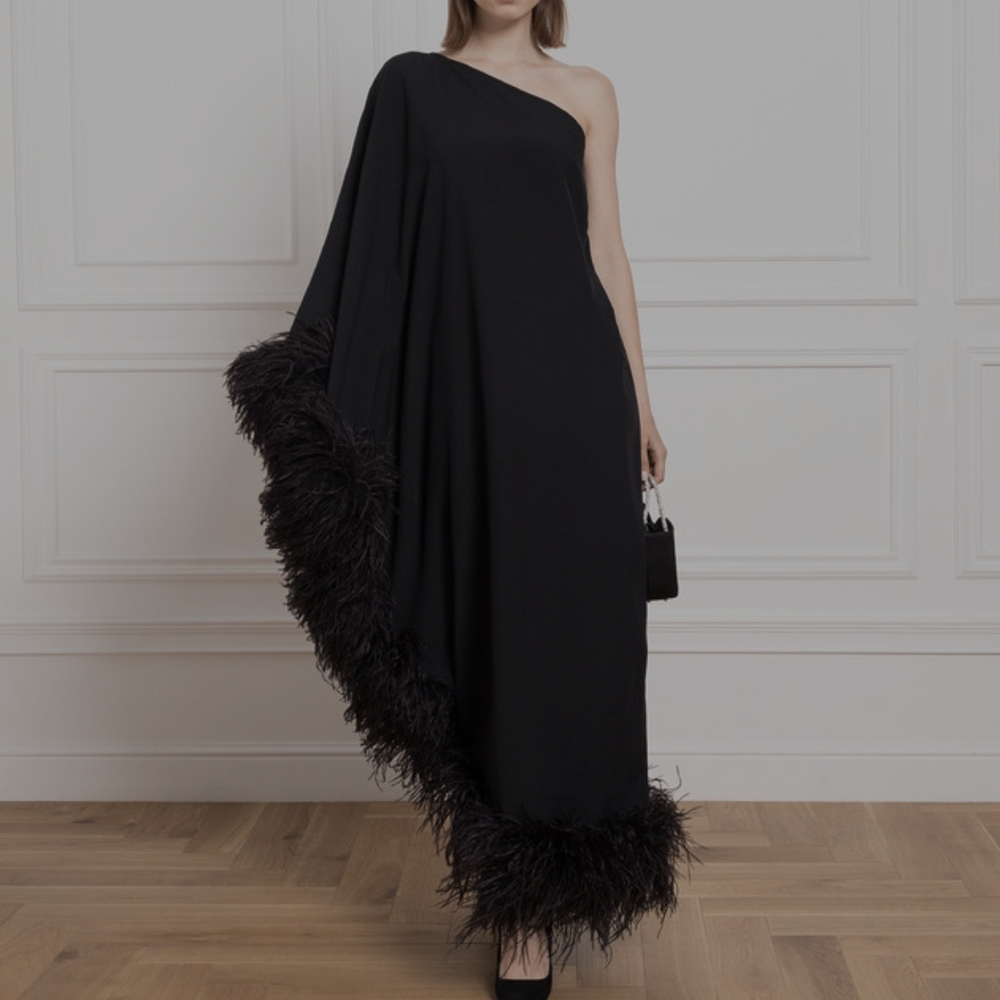 Taller Marmo Black Feathered Ubud One-Shoulder Dress, (NEW W Tag, Size 42) - Picture 2 of 12